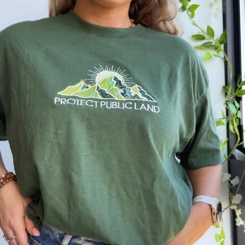 NWT 100% cotton Protect Public Lands patchwork embroidered olive green shirt